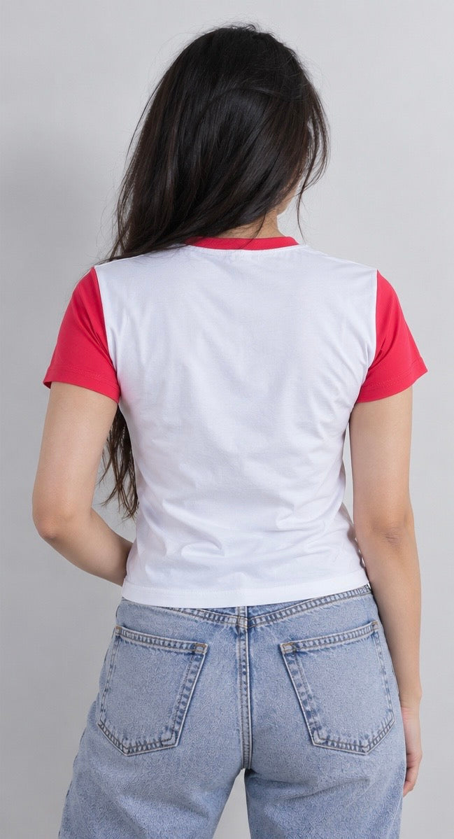 Back view of the white and red contrast-sleeve T-shirt