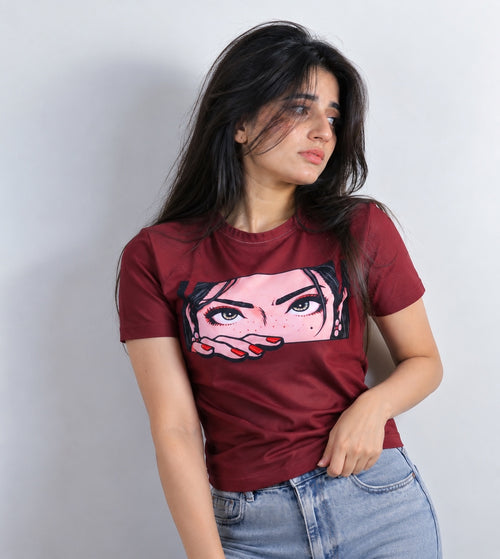 Noir Gaze maroon graphic tee front view