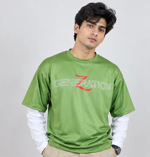 SHAMORE Gen Z lime green and white layered graphic tee front view