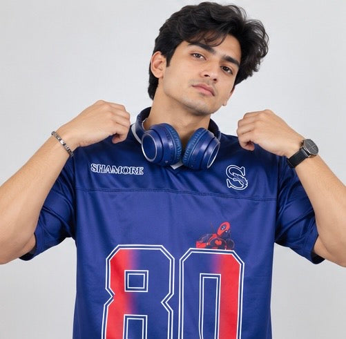SHAMORE Signature 80 navy jersey, front graphic and fabric detail